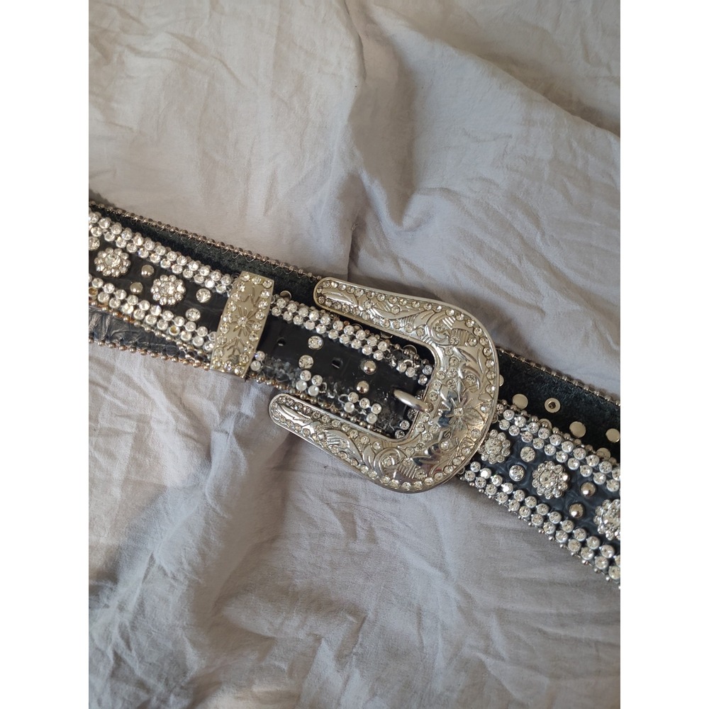 Angel Ranch Western Rhinestone studded black leather belt silver buckle Adult XL